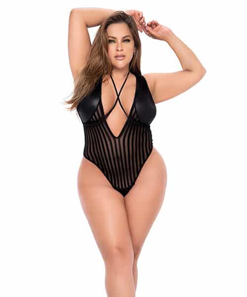 Shadow Stripe Bodysuit w/Harness Black 1X/2X