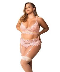 Lace Underwire Bra Thong & Garterbelt w/Lace Up Detail Rose 1X/2X