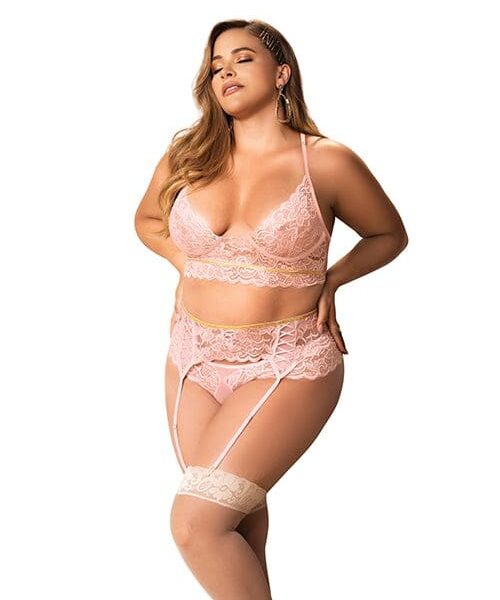 Lace Underwire Bra Thong & Garterbelt w/Lace Up Detail Rose 1X/2X