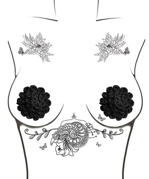 Neva Nude Burlesque Nightfall Roses Reusable Silicone Pasties - Black O/S