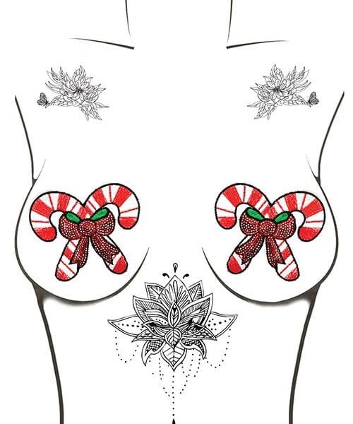 Neva Nude Sequin Candy Cane Pasties - Red/White O/S