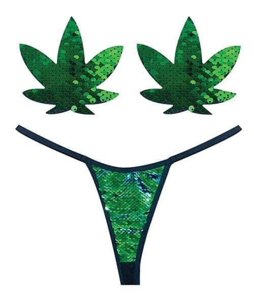 Neva Nude Naughty Knix Weed Leaf Sequin G-String & Pasties - Green  O/S