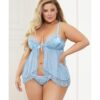 Satin Jacquard Dot Mesh Scallop Lace Babydoll & G-String Blue 1X/2X